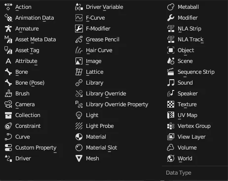 A list of data types supported by PACKED Data Manager.