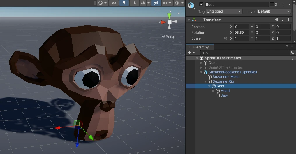 Blender's Suzanne monkey mesh with the root bone at 90 degrees rotation on the X axis.