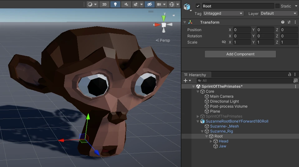 Blender's Suzanne monkey mesh with the root bone unrotated.