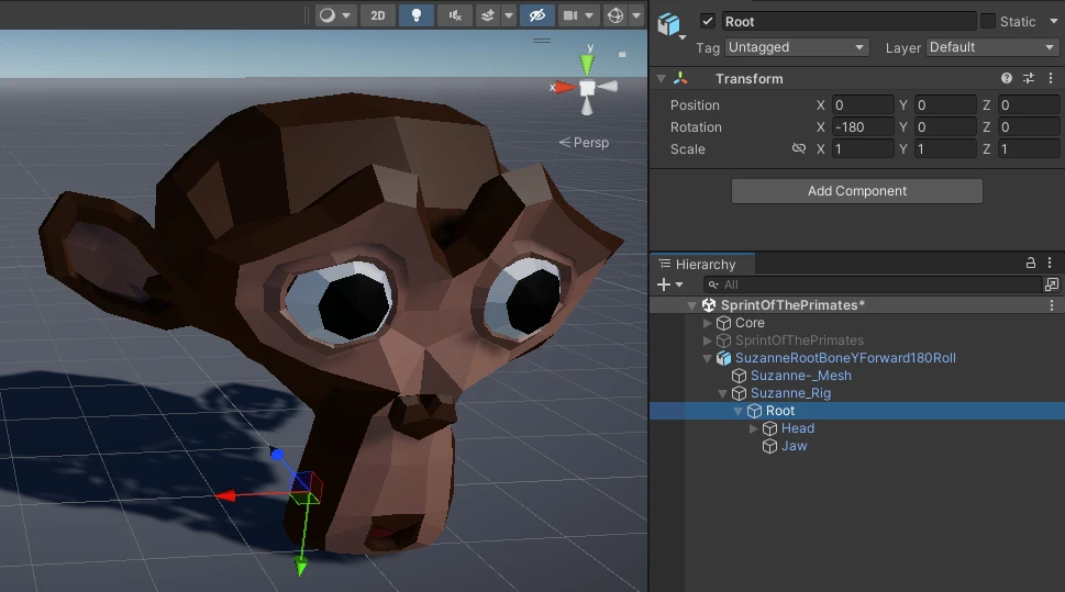 Blender's Suzanne monkey mesh with the root bone rotated by -180 degrees on its X axis.