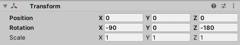 Transform panel in Unity software showing -90 degrees rotaion on the X axis and -180 degrees rotation on the Z axis.