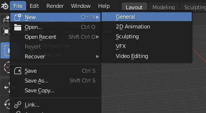 Menu path in Blender to create a new file.