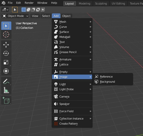 Blender menu path to add a reference or a background image.
