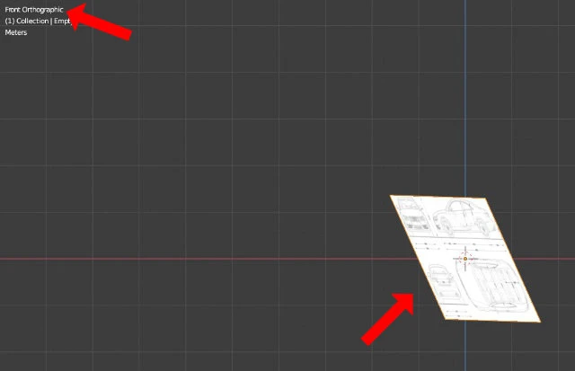 Two red arrows showing the current view mode the 3D viewport is in and the reference image in the scene, respectively.