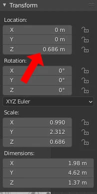 A red arrow pointing to the Z location value n Blender's transform panel.