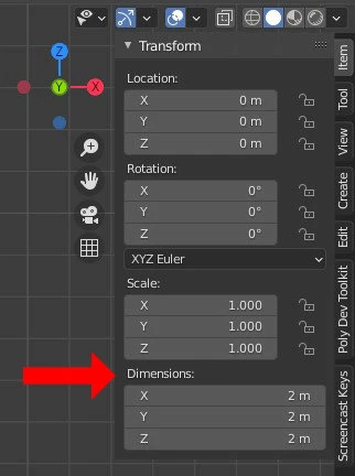 A red arrow pointing to the Dimensions values in Blender's transform panel.