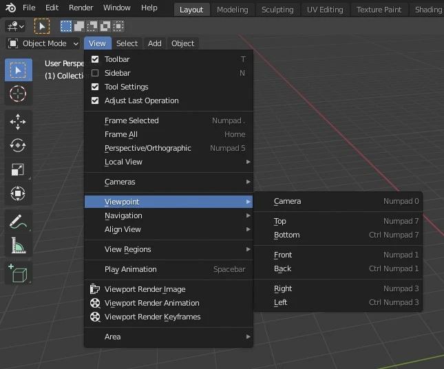 Viewport menu path in Blender.