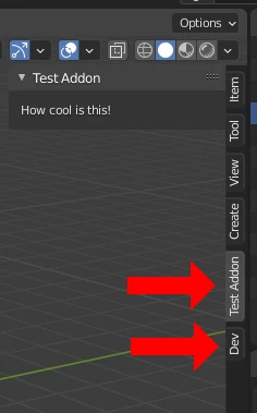 Two arrows showing the Dev panel and Test Addon panel in Blender sidebar.