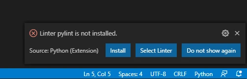 Visual Studio Code prompt showing that a linter is not installed.