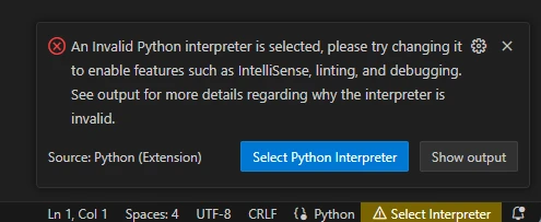 Visual Studio Code message showing that an invalid Python interpreter was selected.